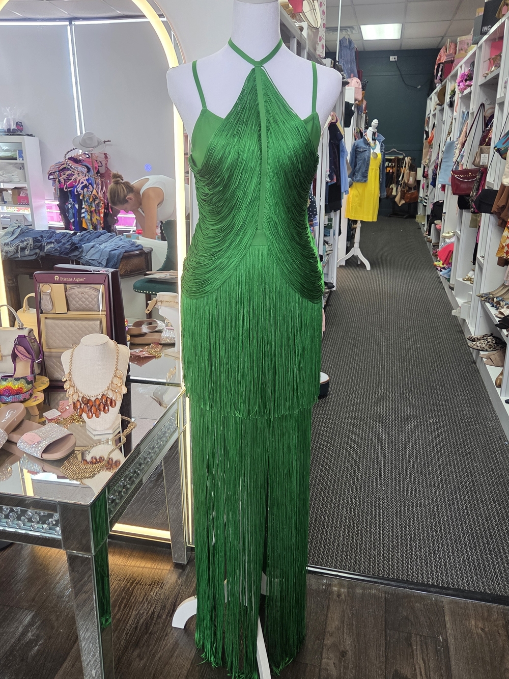 Green Fringe Halter Evening Dress